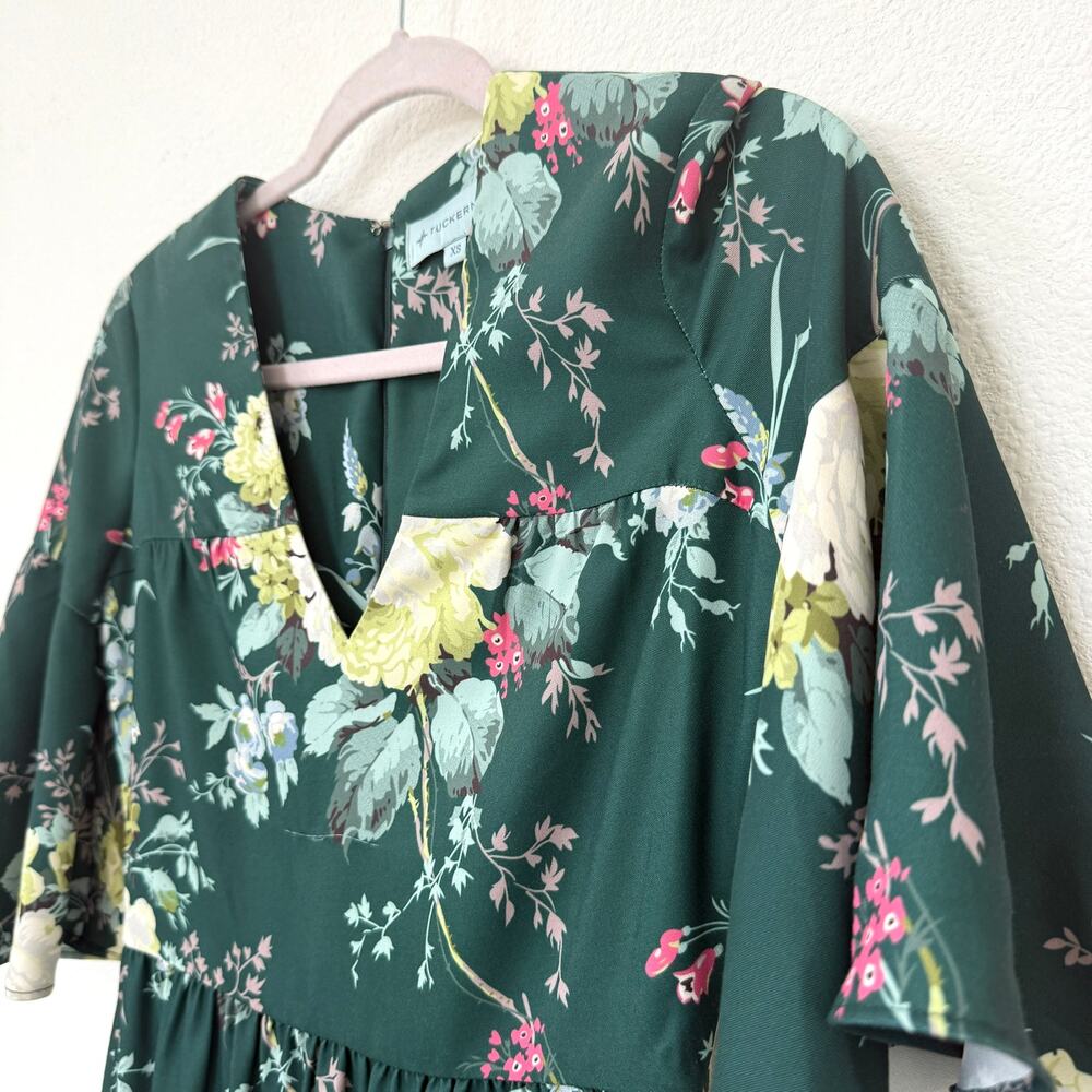 TUCKERNUCK Green Floral Tiered Midi Dress XS Ruffle Sleeve Cottagecore - Picture 3 of 9